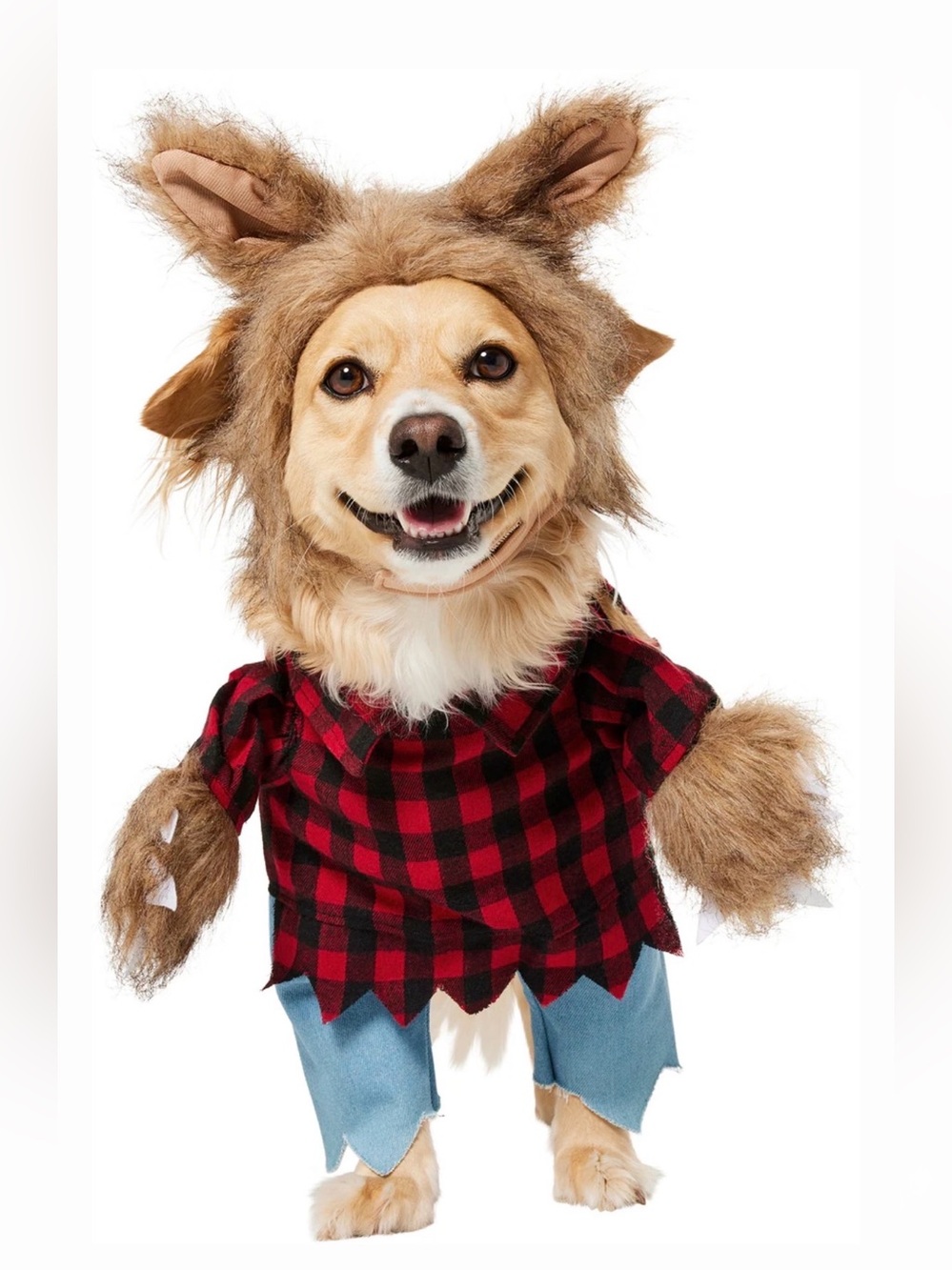 Fuzzy Wolf Dog Costume with Red Plaid Shirt